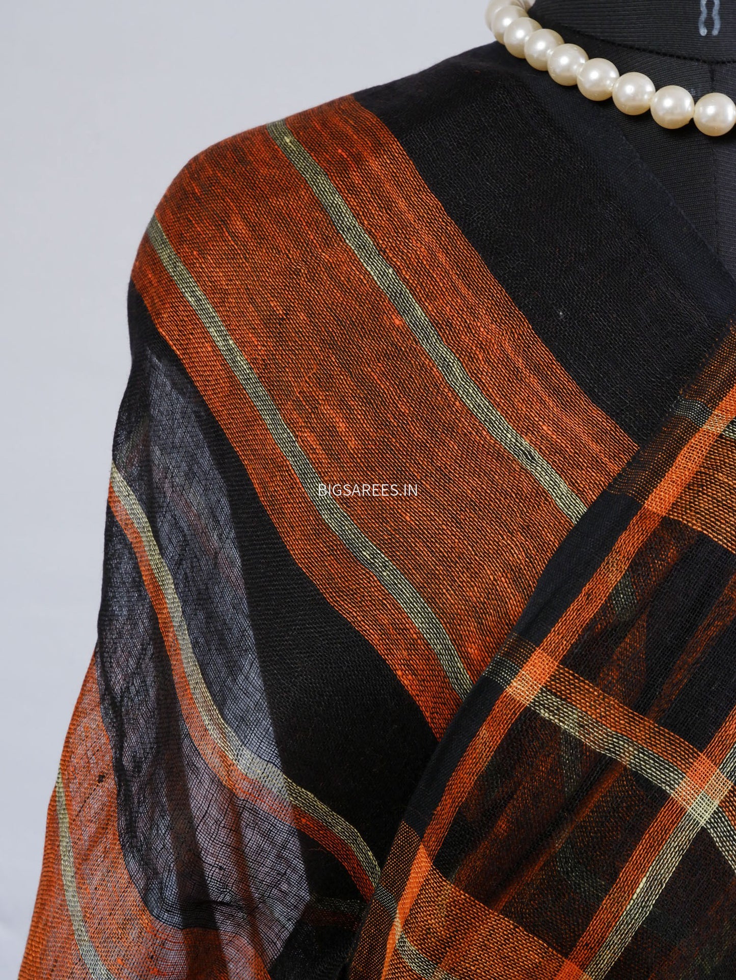 Pure Jayshree Linen Saree | Checks | Orange-Black
