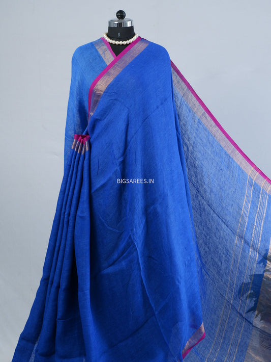 Pure Jayshree Linen Saree | Plain | Royal Blue