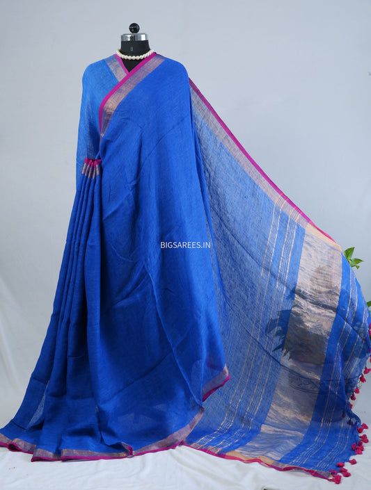Pure Jayshree Linen Saree | Plain | Royal Blue