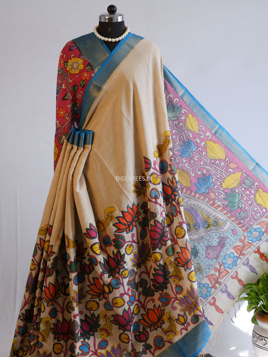 Pen Kalamkari Cotton Saree with Running Blouse | Hand-Painted | White
