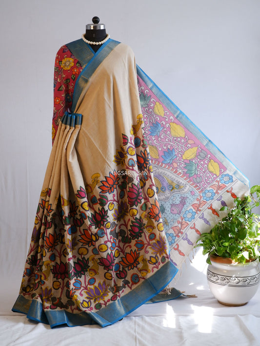 Pen Kalamkari Cotton Saree with Running Blouse | Hand-Painted | White