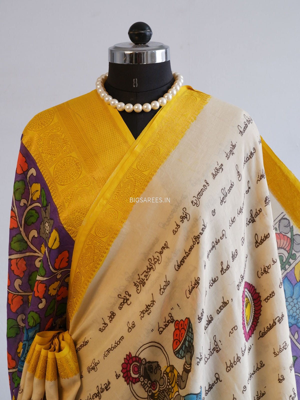 Hand-Painted Kalamkari Saree | Bangalore Silk | Off White