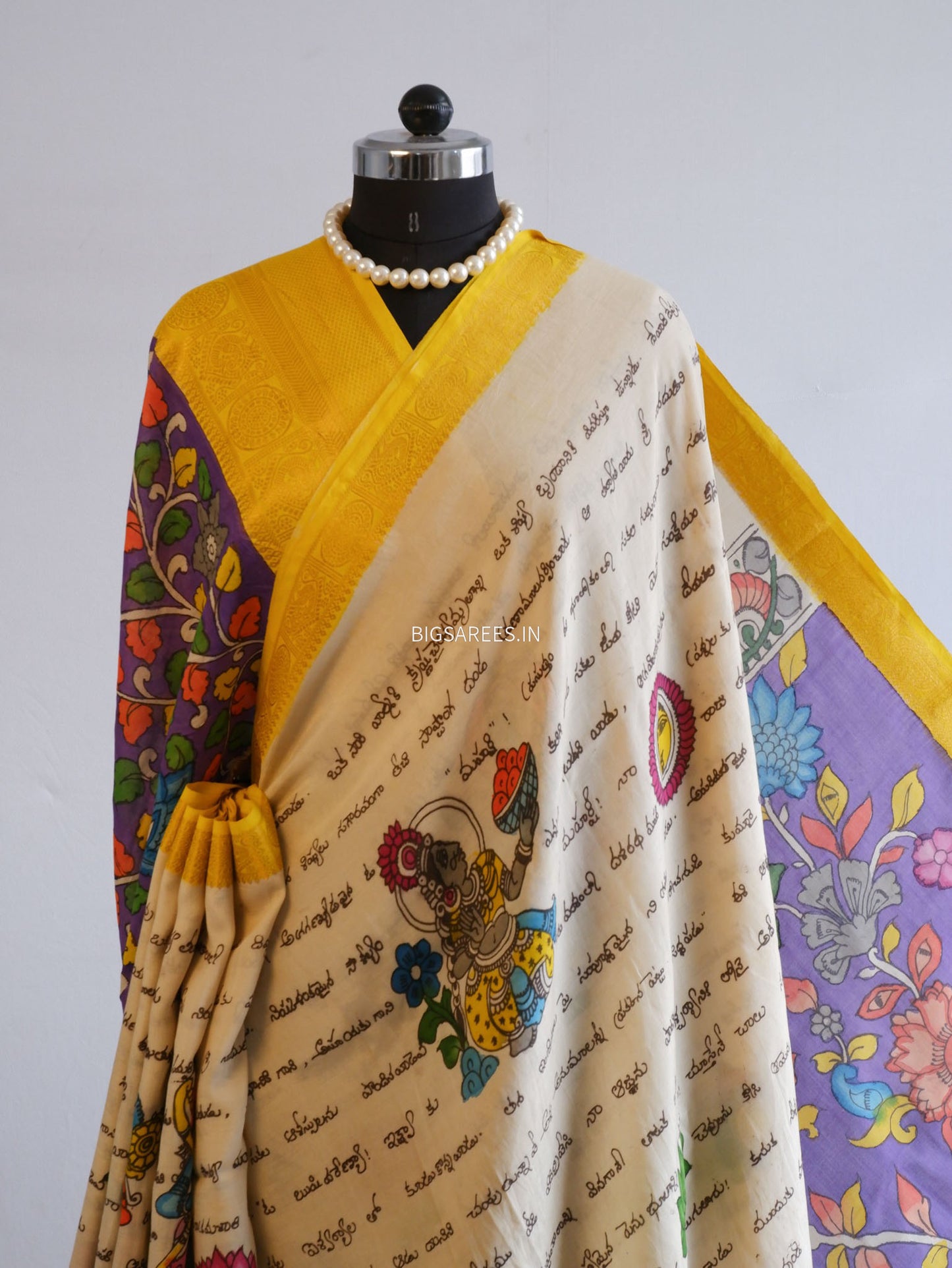 Hand-Painted Kalamkari Saree | Bangalore Silk | Off White