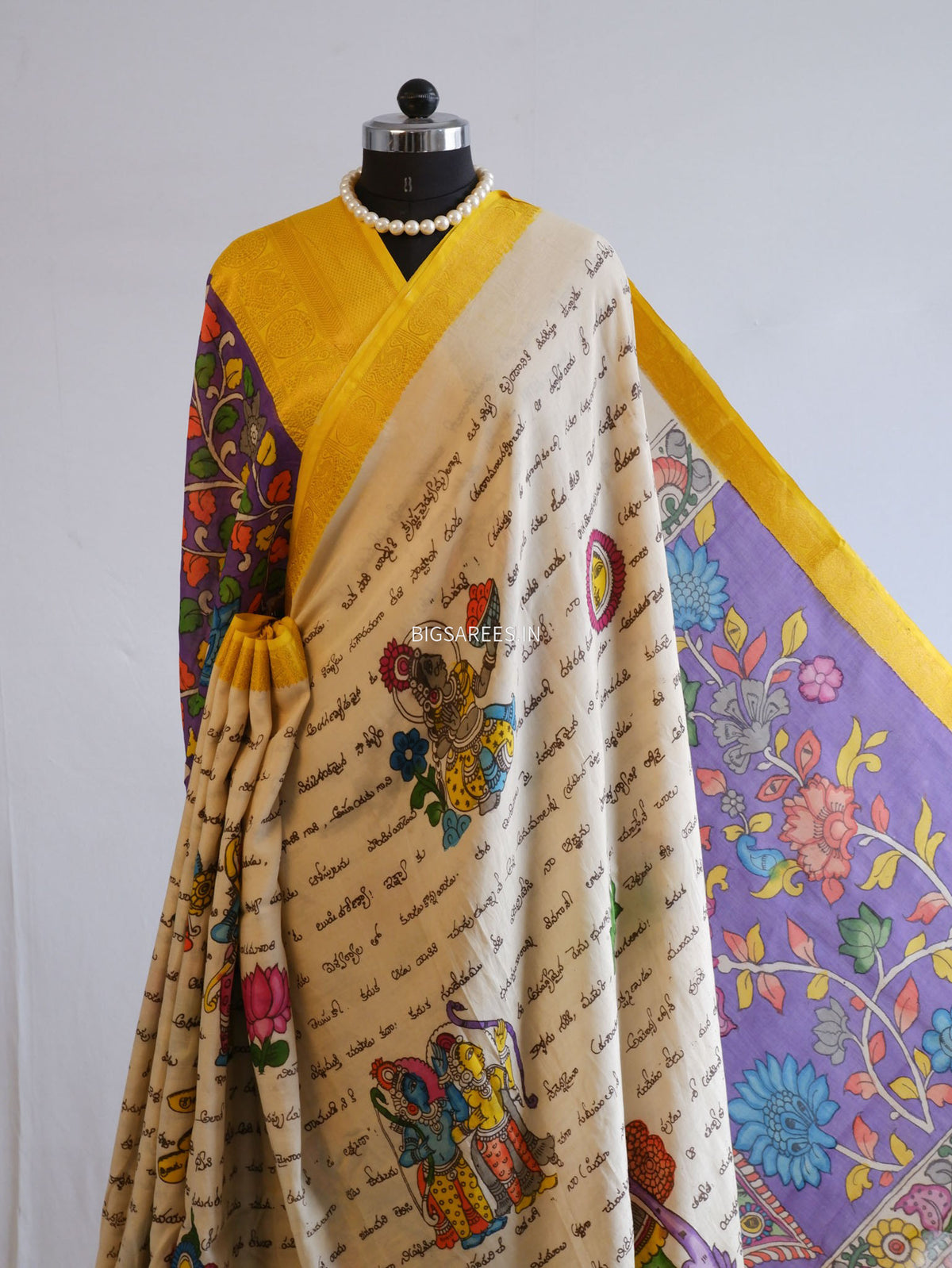 Hand-Painted Kalamkari Saree | Bangalore Silk | Off White