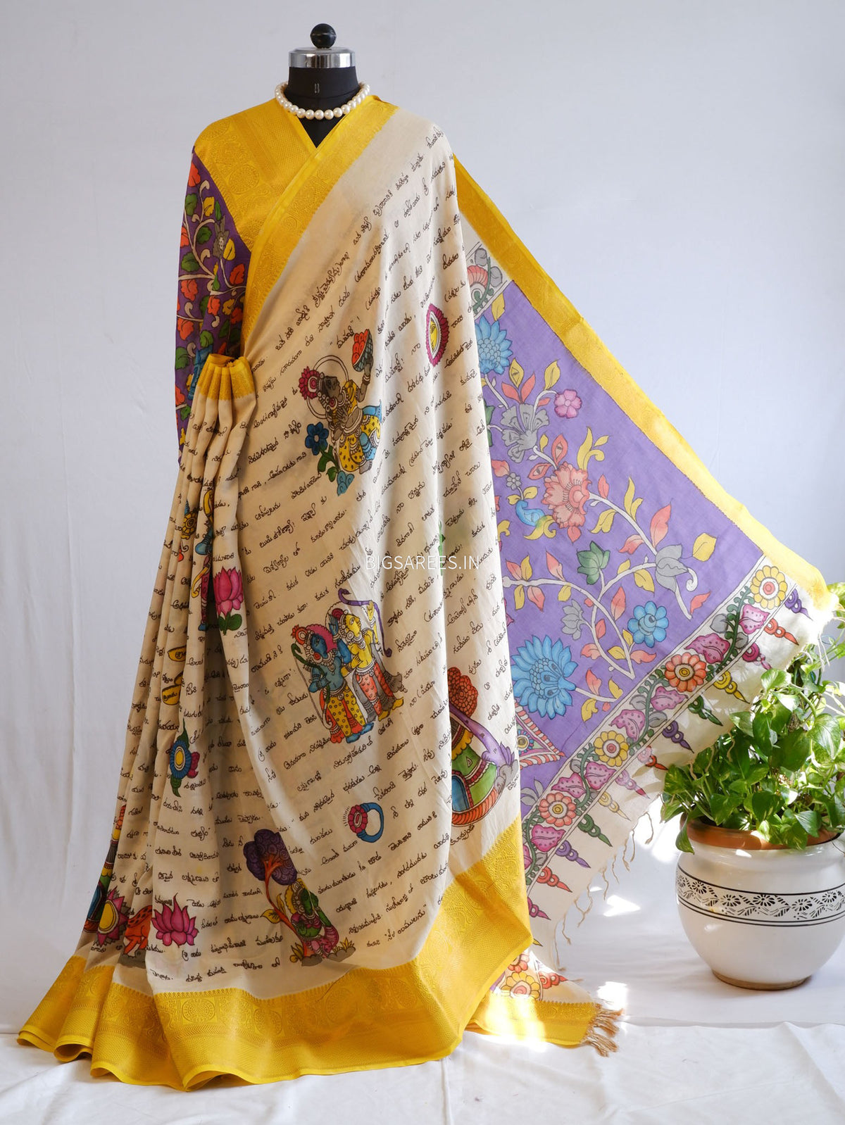 Hand-Painted Kalamkari Saree | Bangalore Silk | Off White