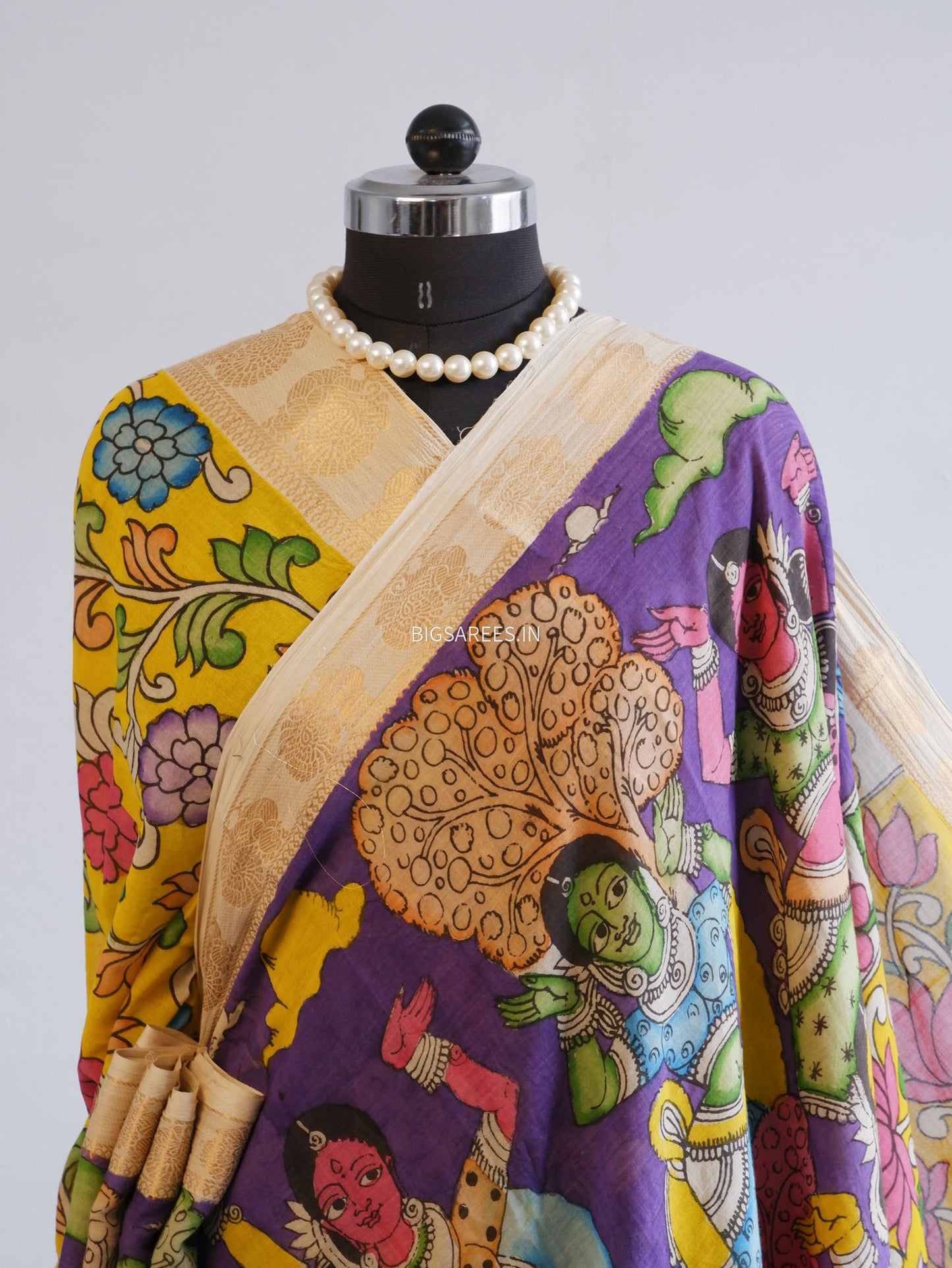 Pen Kalamkari Cotton Saree with Running Blouse | Hand-Painted | Violet