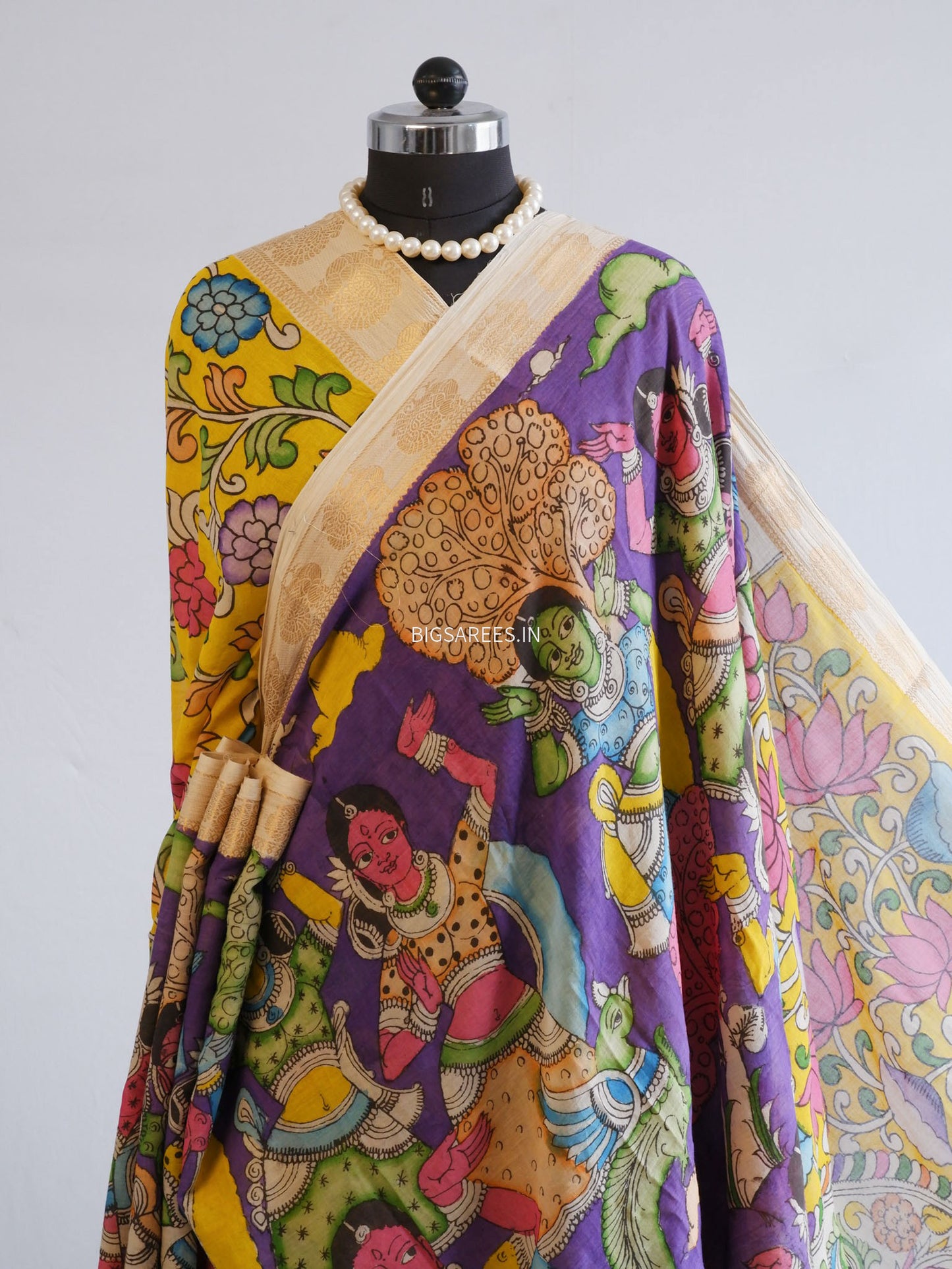 Pen Kalamkari Cotton Saree with Running Blouse | Hand-Painted | Violet