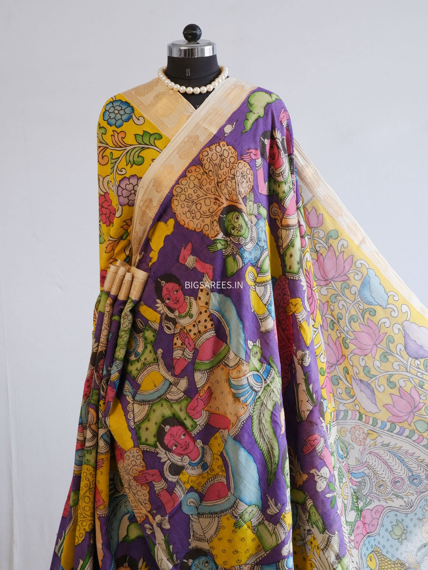 Pen Kalamkari Cotton Saree with Running Blouse | Hand-Painted | Violet