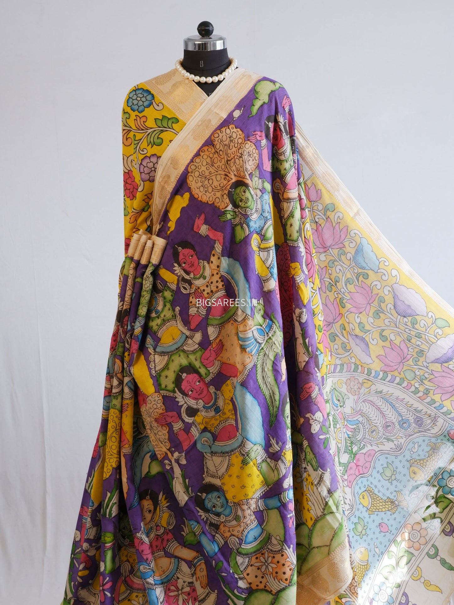 Pen Kalamkari Cotton Saree with Running Blouse | Hand-Painted | Violet