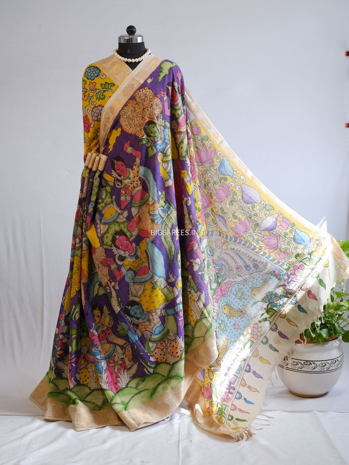 Pen Kalamkari Cotton Saree with Running Blouse | Hand-Painted | Violet