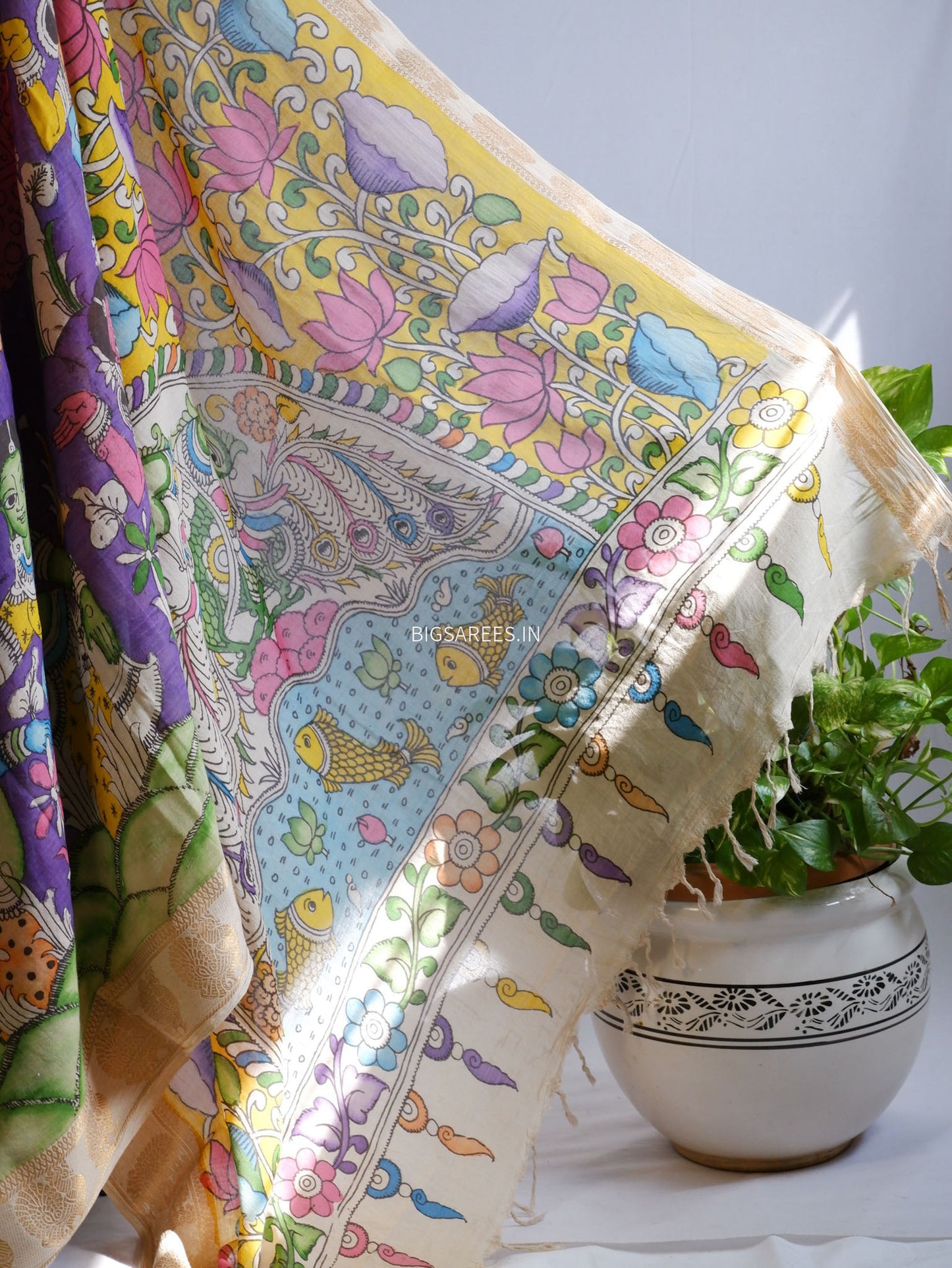 Pen Kalamkari Cotton Saree with Running Blouse | Hand-Painted | Violet