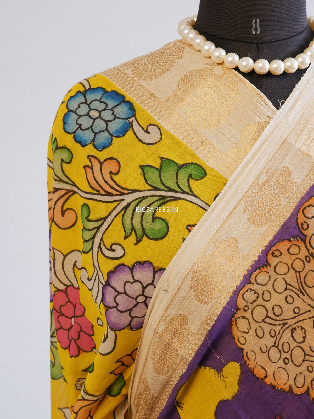 Pen Kalamkari Cotton Saree with Running Blouse | Hand-Painted | Violet