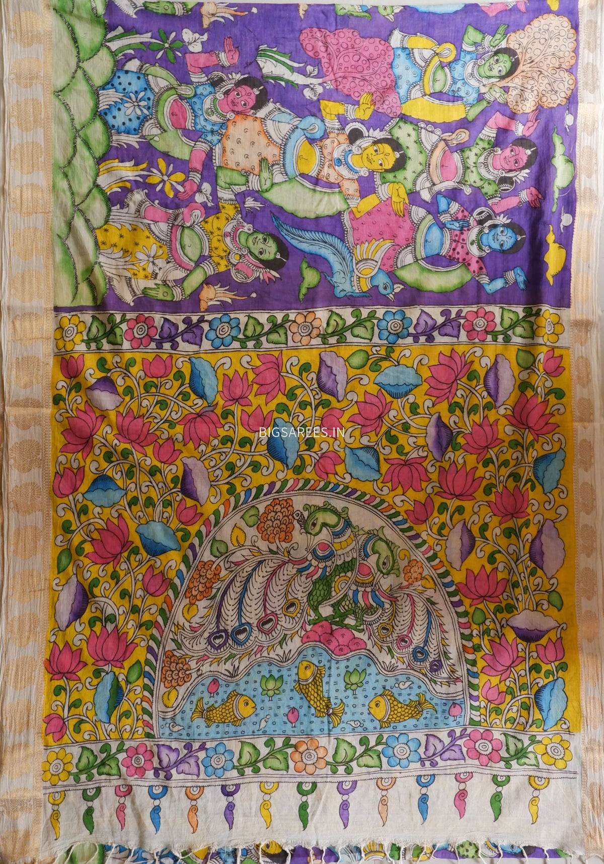 Pen Kalamkari Cotton Saree with Running Blouse | Hand-Painted | Violet