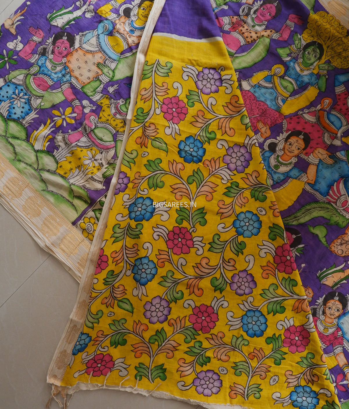 Pen Kalamkari Cotton Saree with Running Blouse | Hand-Painted | Violet