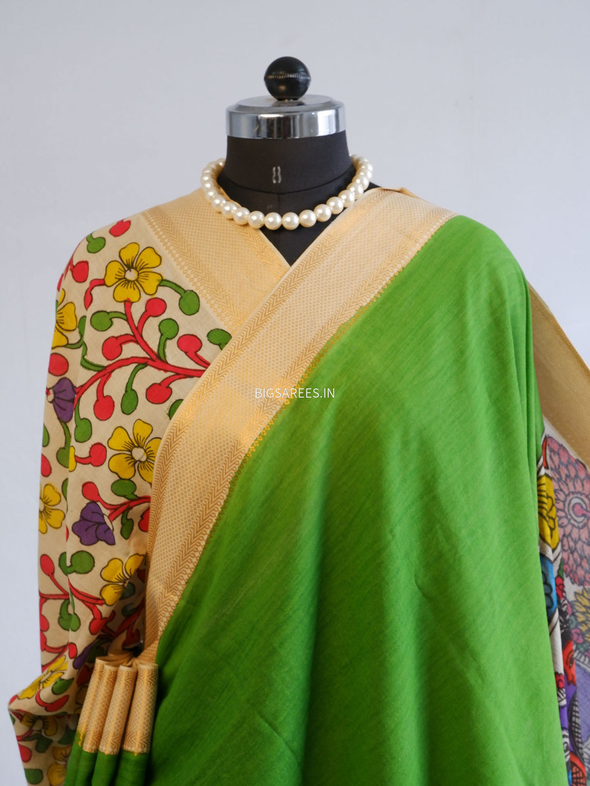 Pen Kalamkari Cotton Saree with Running Blouse | Hand-Painted | Green