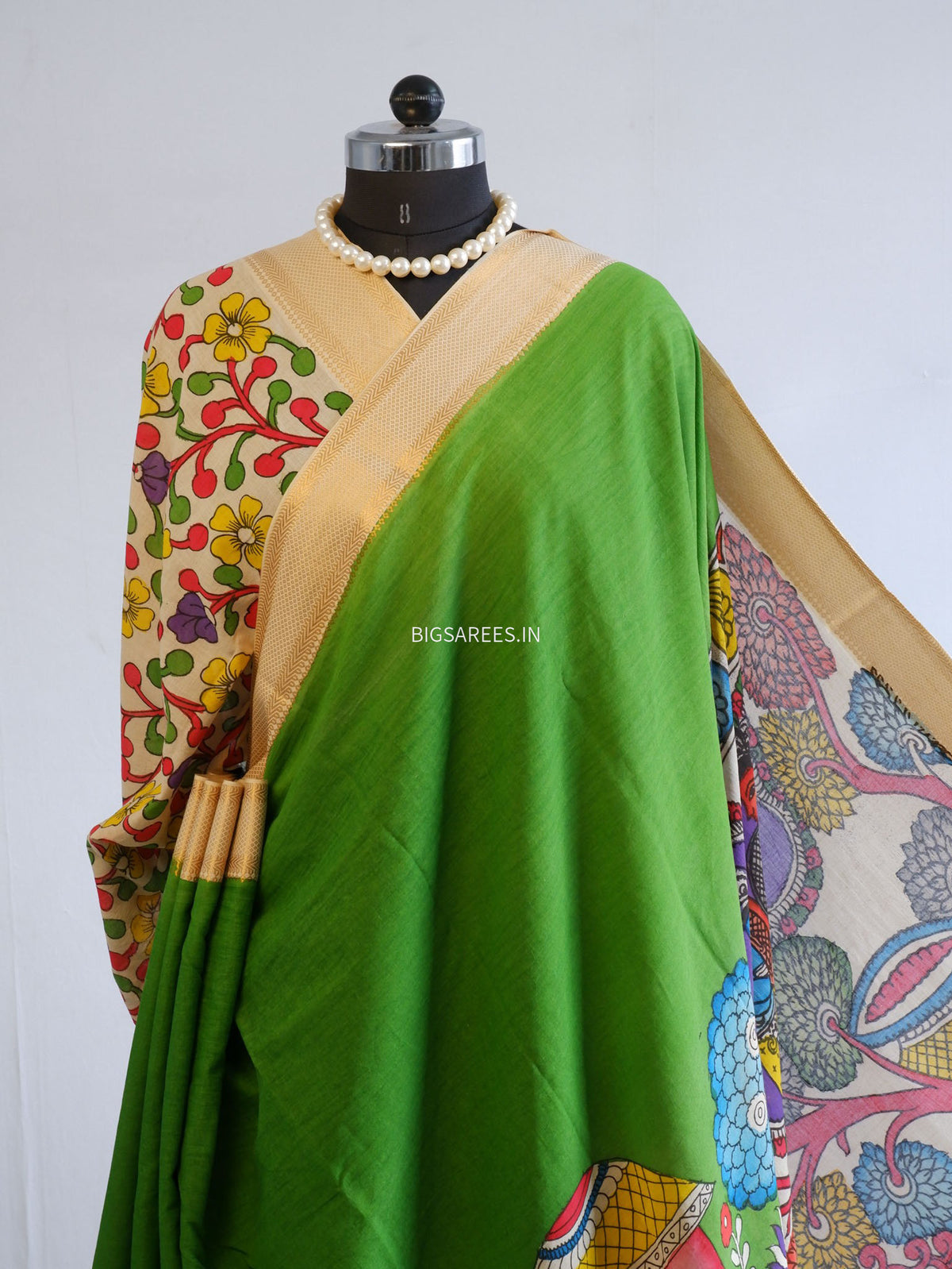 Pen Kalamkari Cotton Saree with Running Blouse | Hand-Painted | Green