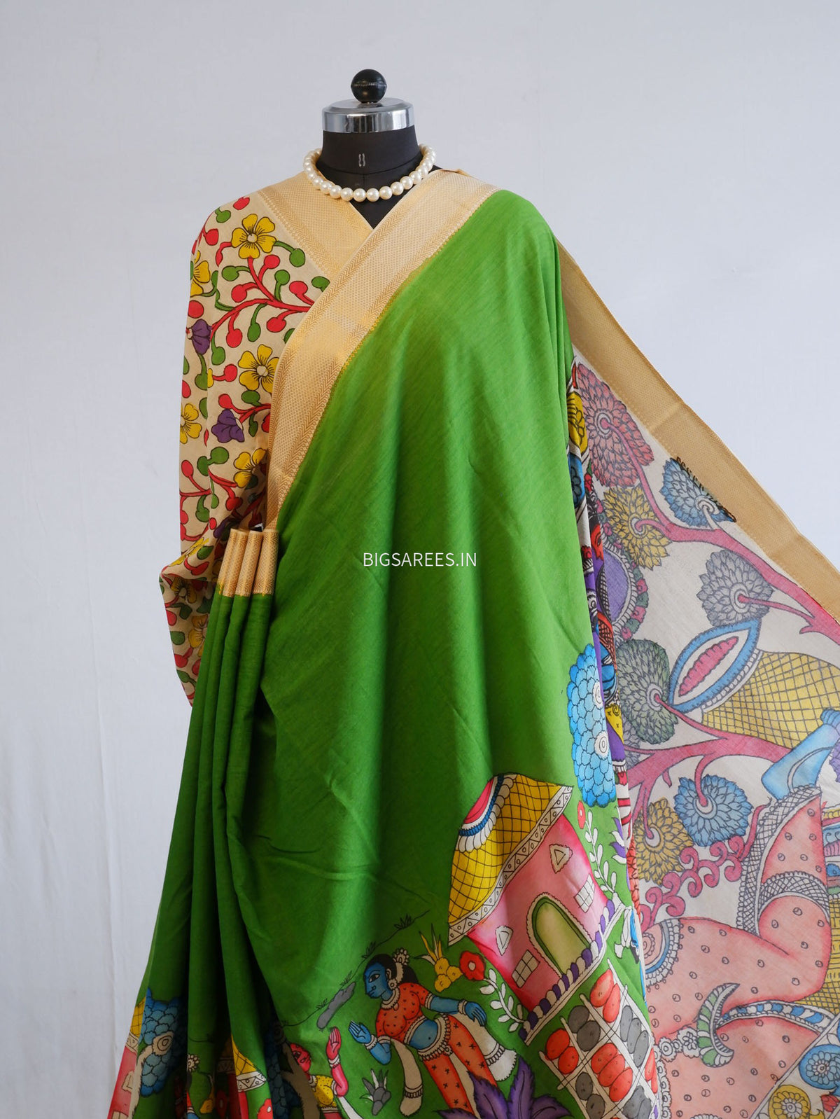 Pen Kalamkari Cotton Saree with Running Blouse | Hand-Painted | Green