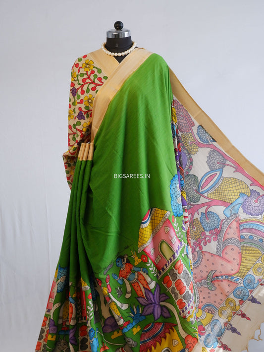 Pen Kalamkari Cotton Saree with Running Blouse | Hand-Painted | Green