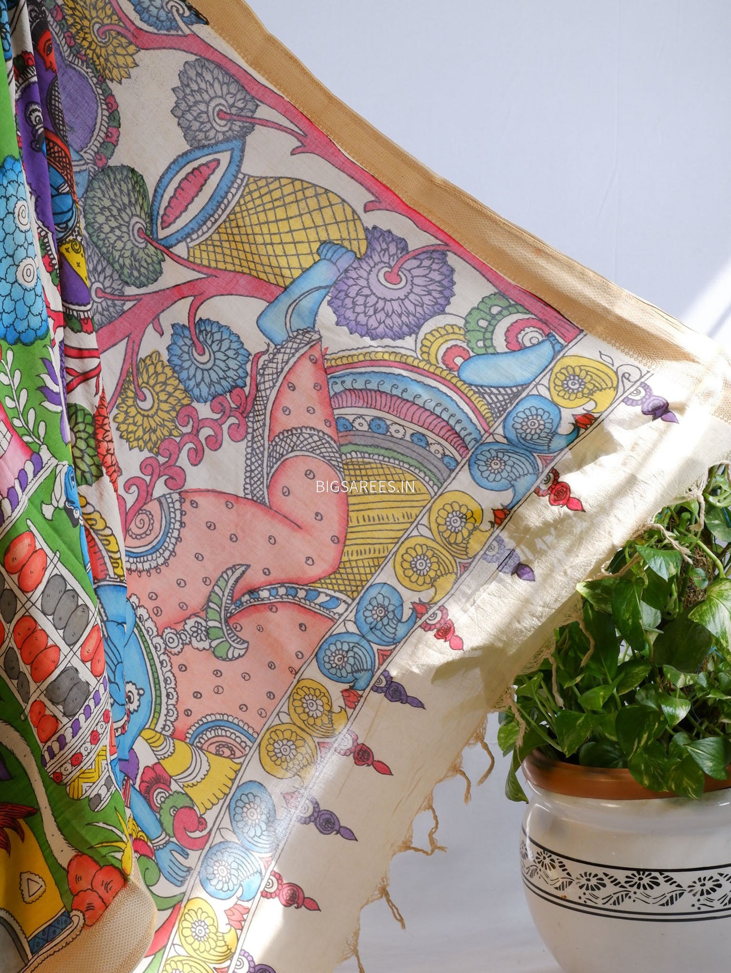 Pen Kalamkari Cotton Saree with Running Blouse | Hand-Painted | Green