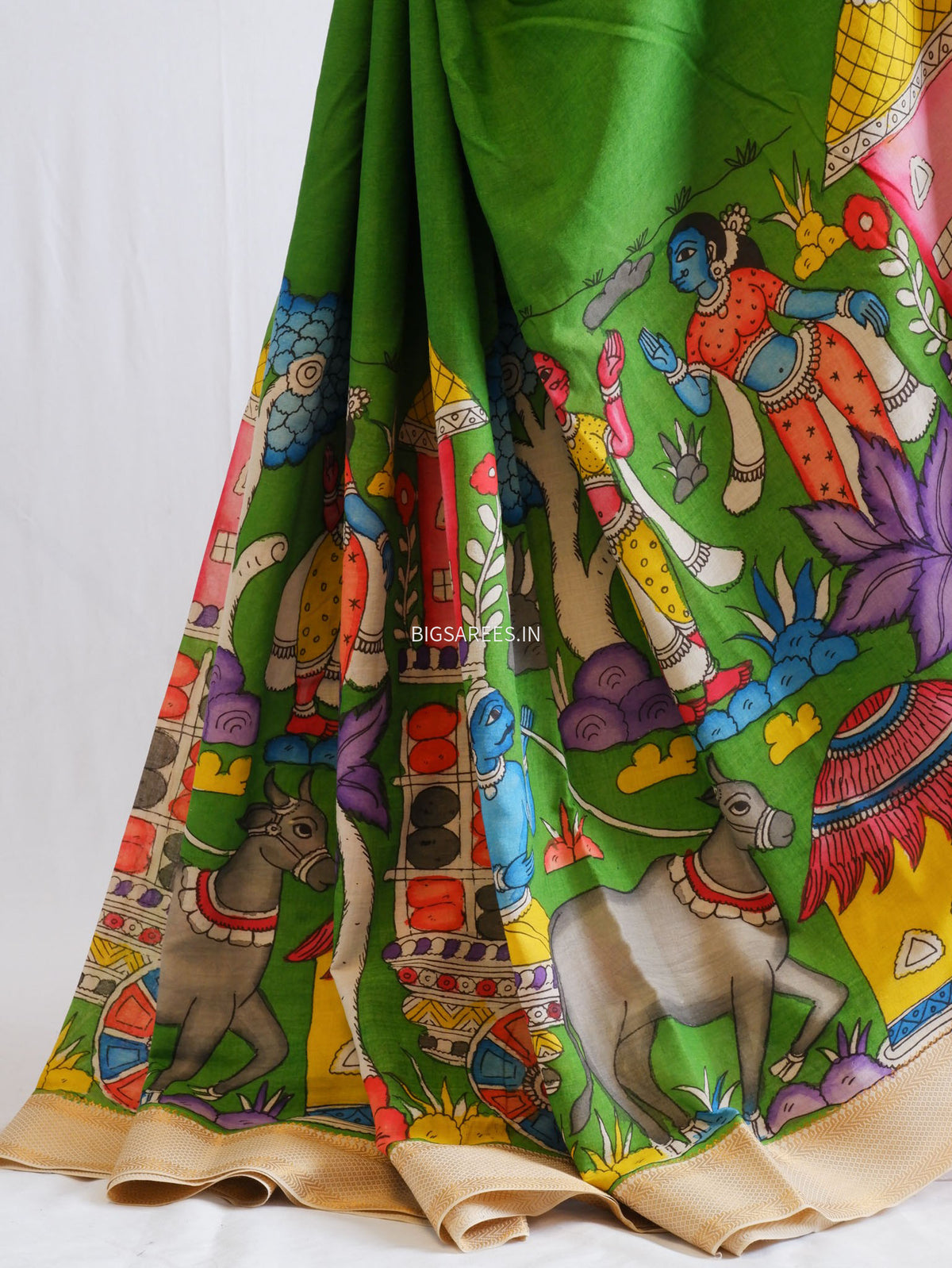Pen Kalamkari Cotton Saree with Running Blouse | Hand-Painted | Green