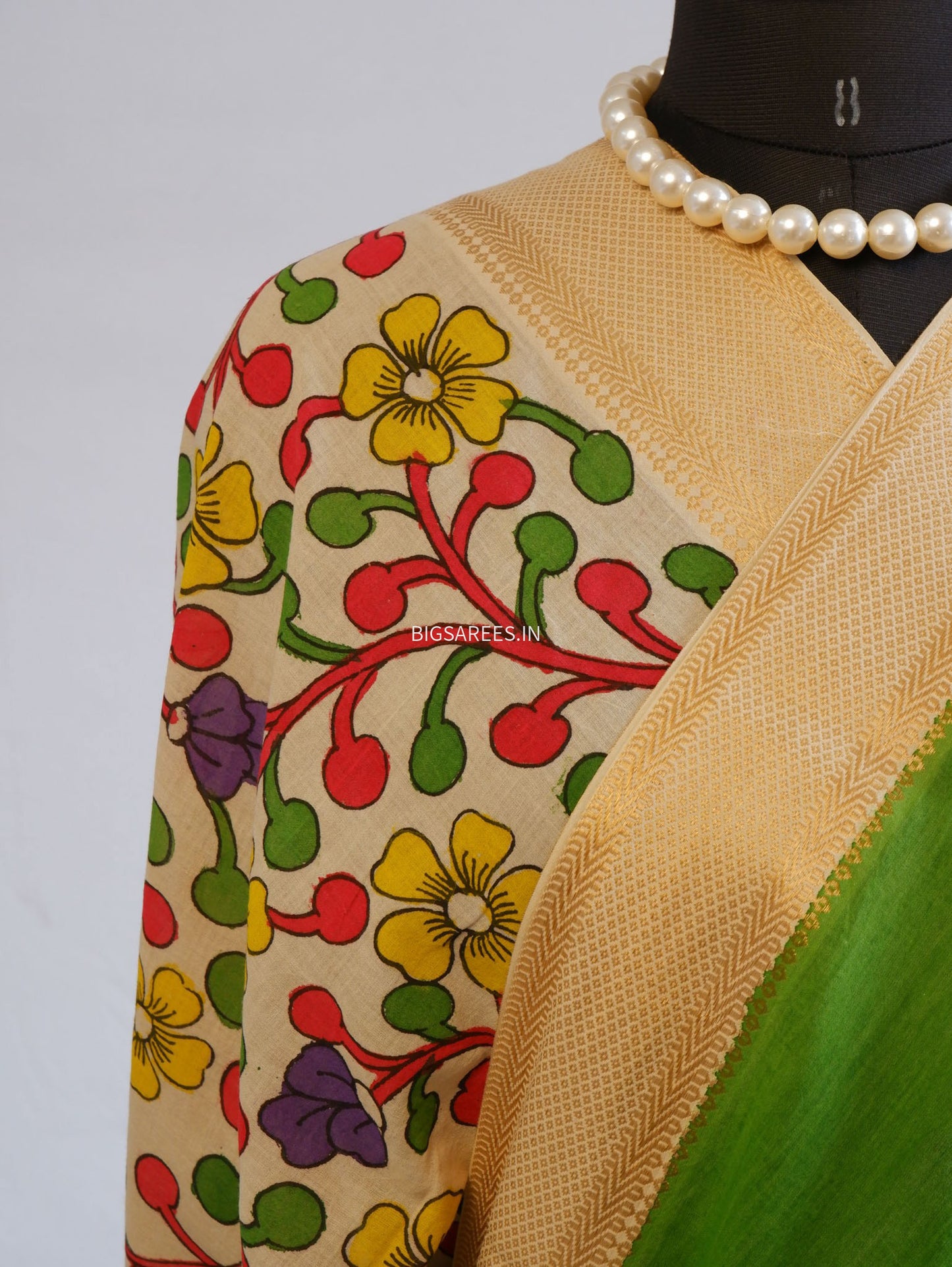 Pen Kalamkari Cotton Saree with Running Blouse | Hand-Painted | Green