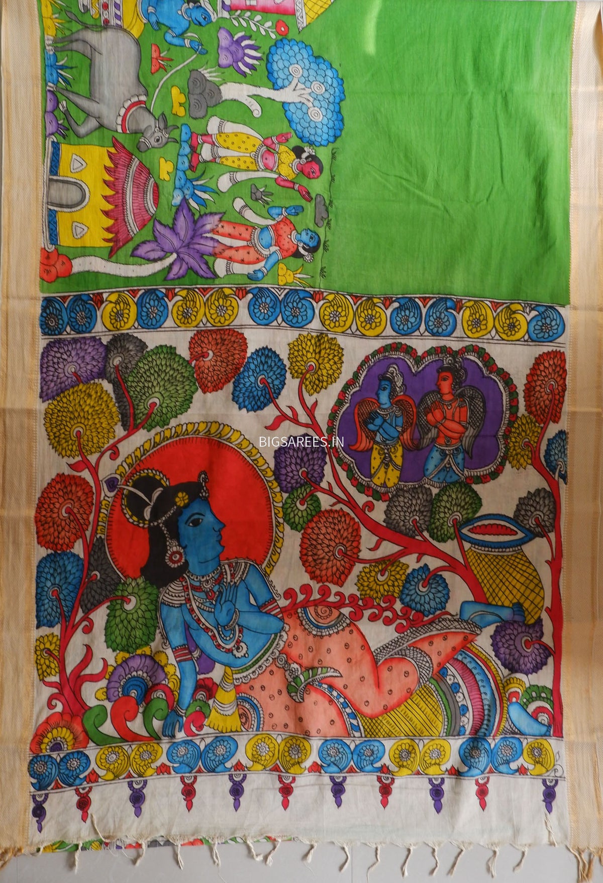 Pen Kalamkari Cotton Saree with Running Blouse | Hand-Painted | Green