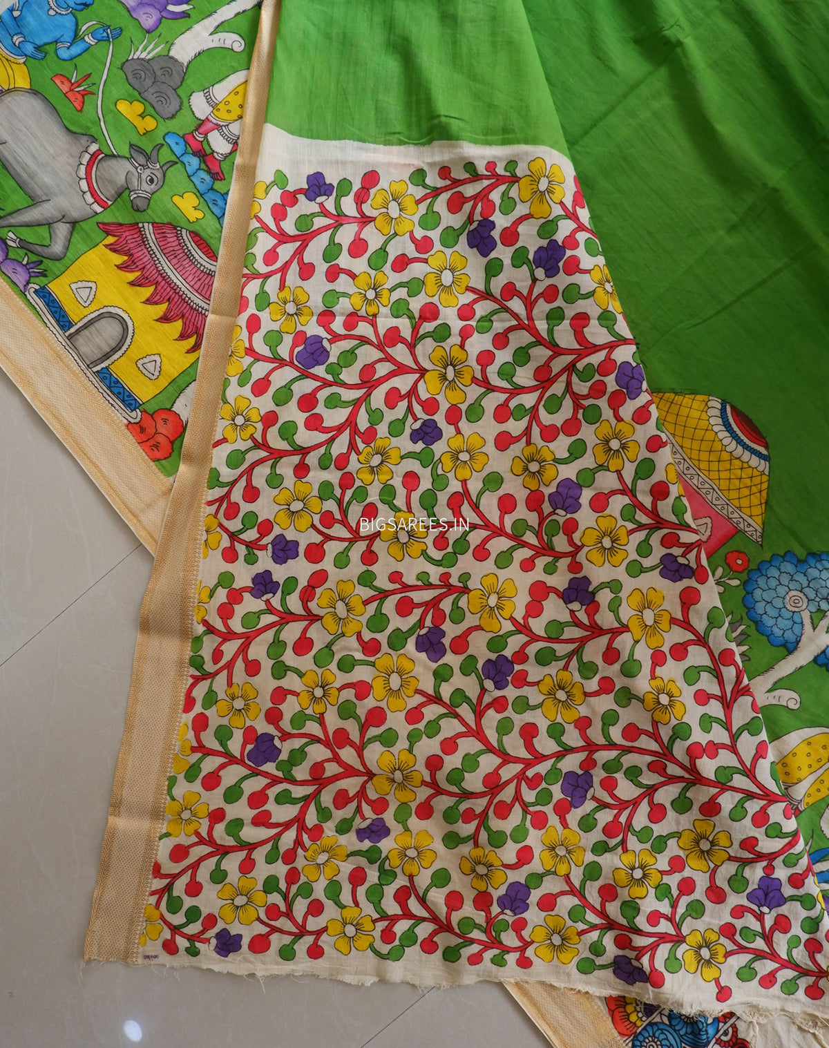 Pen Kalamkari Cotton Saree with Running Blouse | Hand-Painted | Green