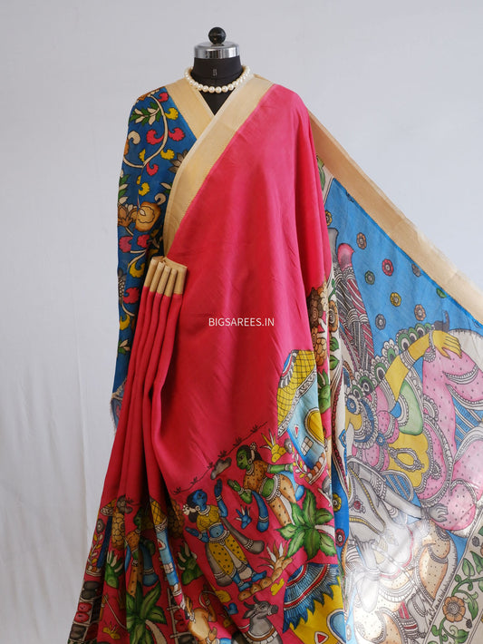 Hand-Painted Kalamkari Saree | Bangalore Silk | Red