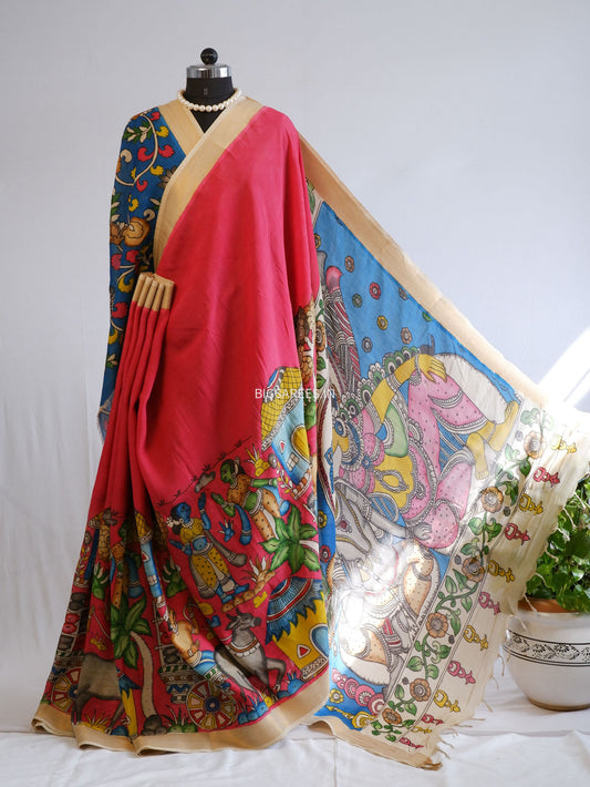 Hand-Painted Kalamkari Saree | Bangalore Silk | Red