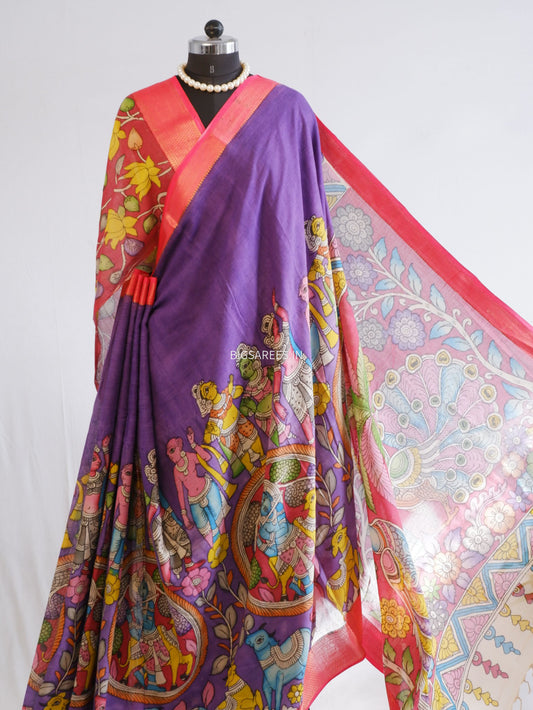 Pen Kalamkari Cotton Saree with Running Blouse | Hand-Painted | Violet