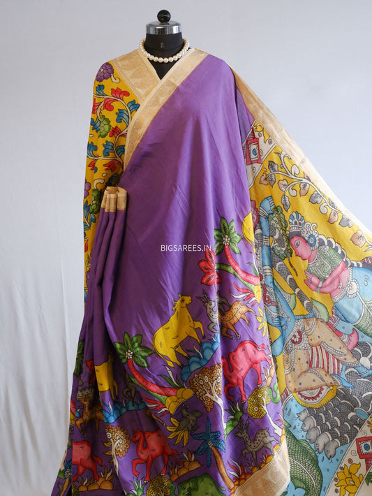 Hand-Painted Kalamkari Saree | Bangalore Silk | Violet