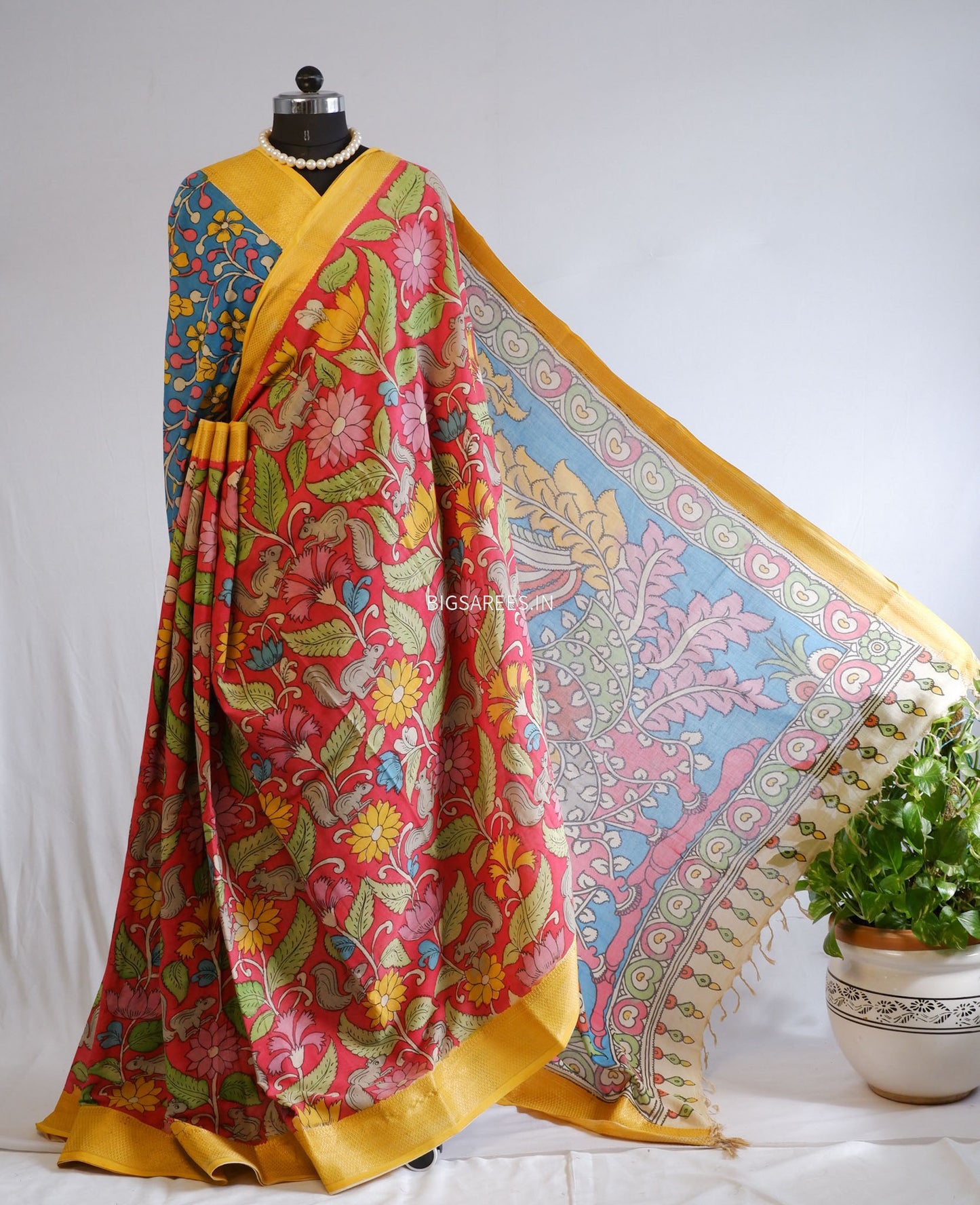 Pen Kalamkari Cotton Saree with Running Blouse | Hand-Painted | Red