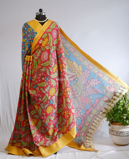 Pen Kalamkari Cotton Saree with Running Blouse | Hand-Painted | Red