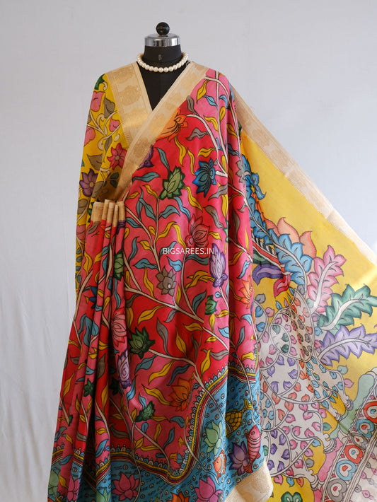Hand-Painted Kalamkari Saree | Bangalore Silk | Red