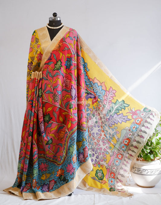 Hand-Painted Kalamkari Saree | Bangalore Silk | Red