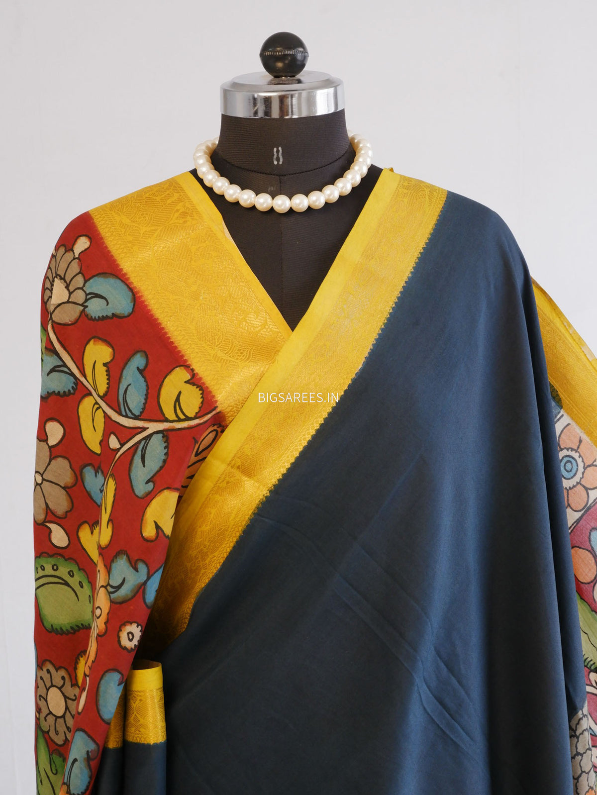 Hand-Painted Kalamkari Saree | Bangalore Silk | Prussian Blue