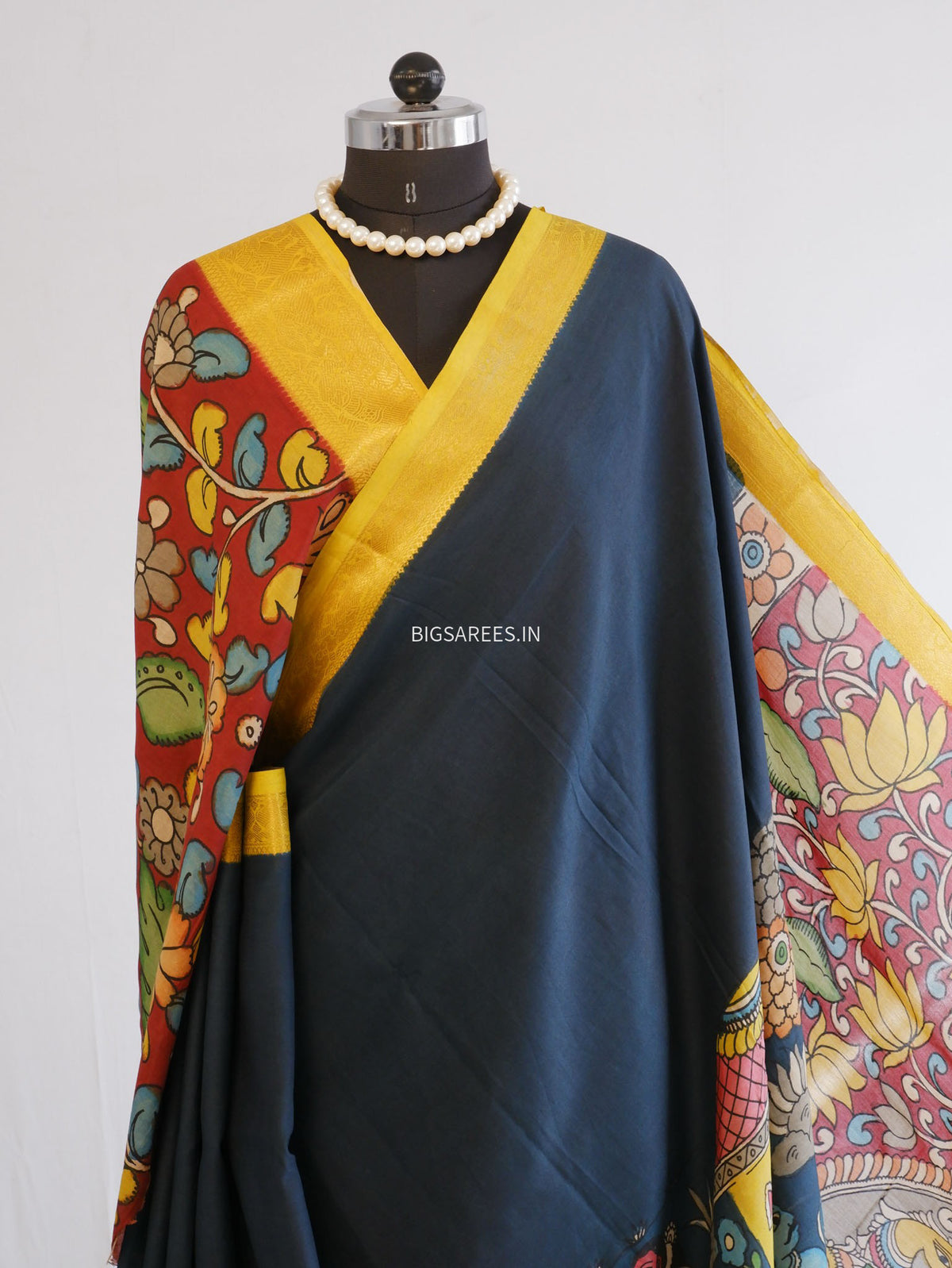 Hand-Painted Kalamkari Saree | Bangalore Silk | Prussian Blue