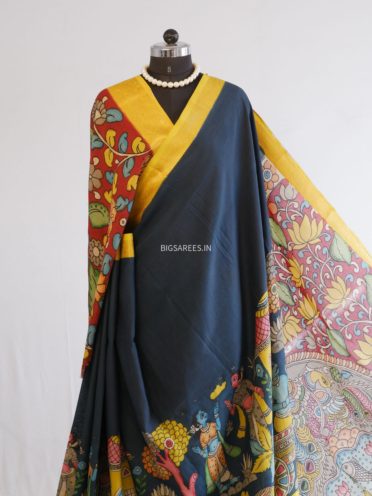Hand-Painted Kalamkari Saree | Bangalore Silk | Prussian Blue