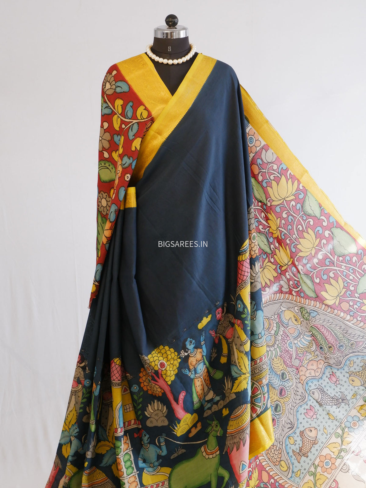 Hand-Painted Kalamkari Saree | Bangalore Silk | Prussian Blue