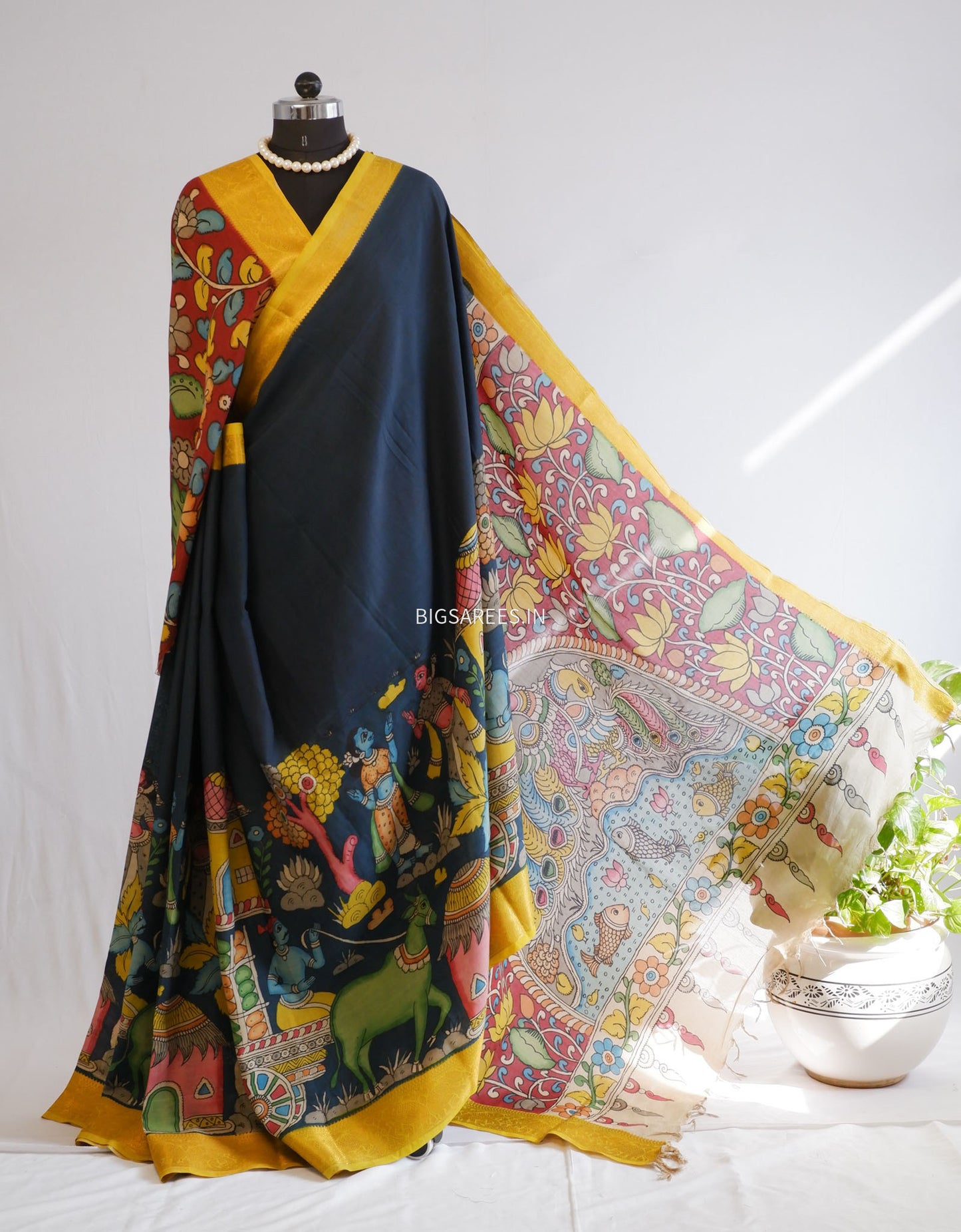 Hand-Painted Kalamkari Saree | Bangalore Silk | Prussian Blue
