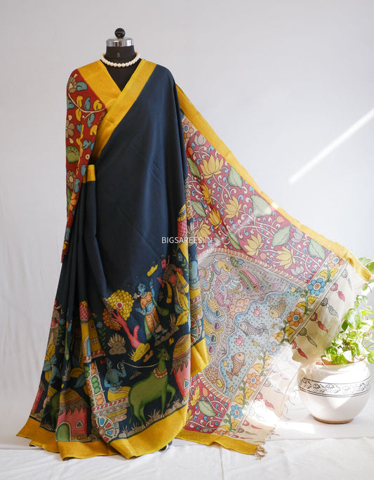 Hand-Painted Kalamkari Saree | Bangalore Silk | Prussian Blue