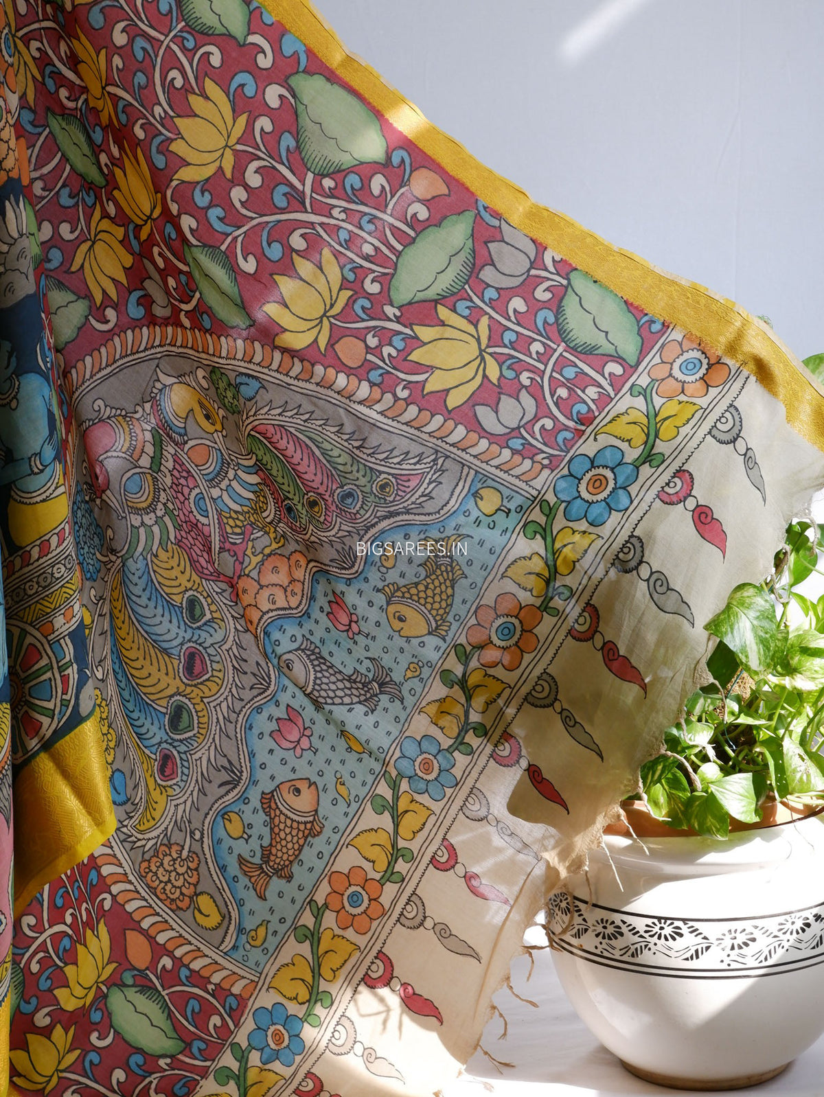 Hand-Painted Kalamkari Saree | Bangalore Silk | Prussian Blue