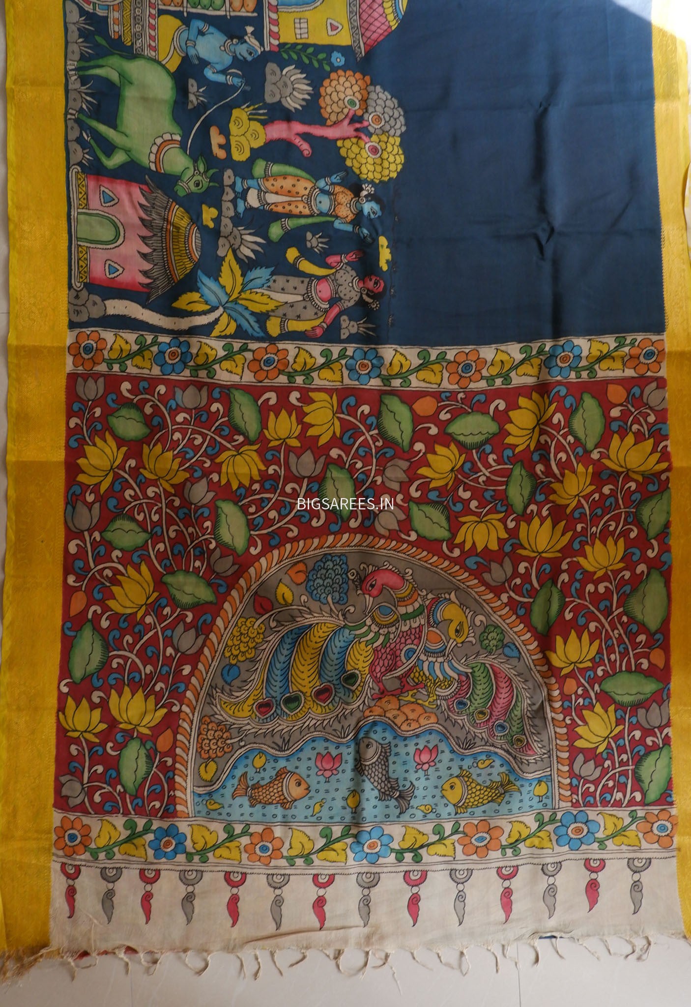 Hand-Painted Kalamkari Saree | Bangalore Silk | Prussian Blue
