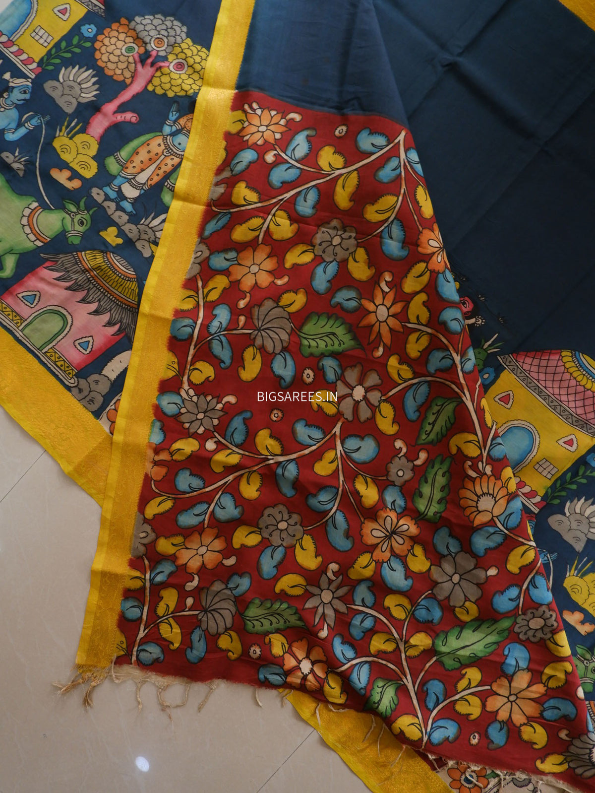 Hand-Painted Kalamkari Saree | Bangalore Silk | Prussian Blue