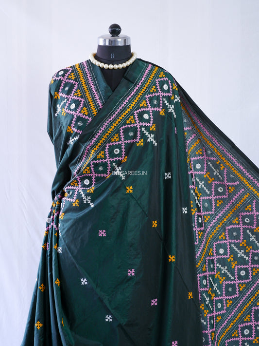 Kutchi Hand Embroidered Saree | Blended Bangalore Silk / Art Silk | Real Mirror Work | Forest Green