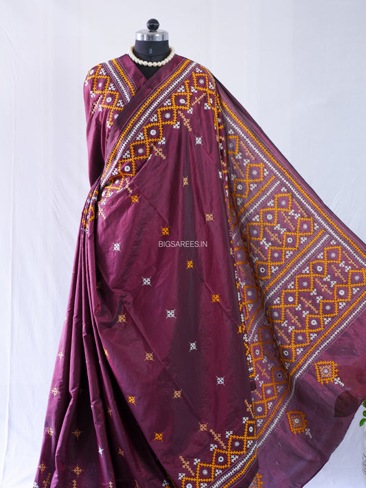 Kutchi Hand Embroidered Saree | Blended Bangalore Silk / Art Silk | Real Mirror Work | Maroon