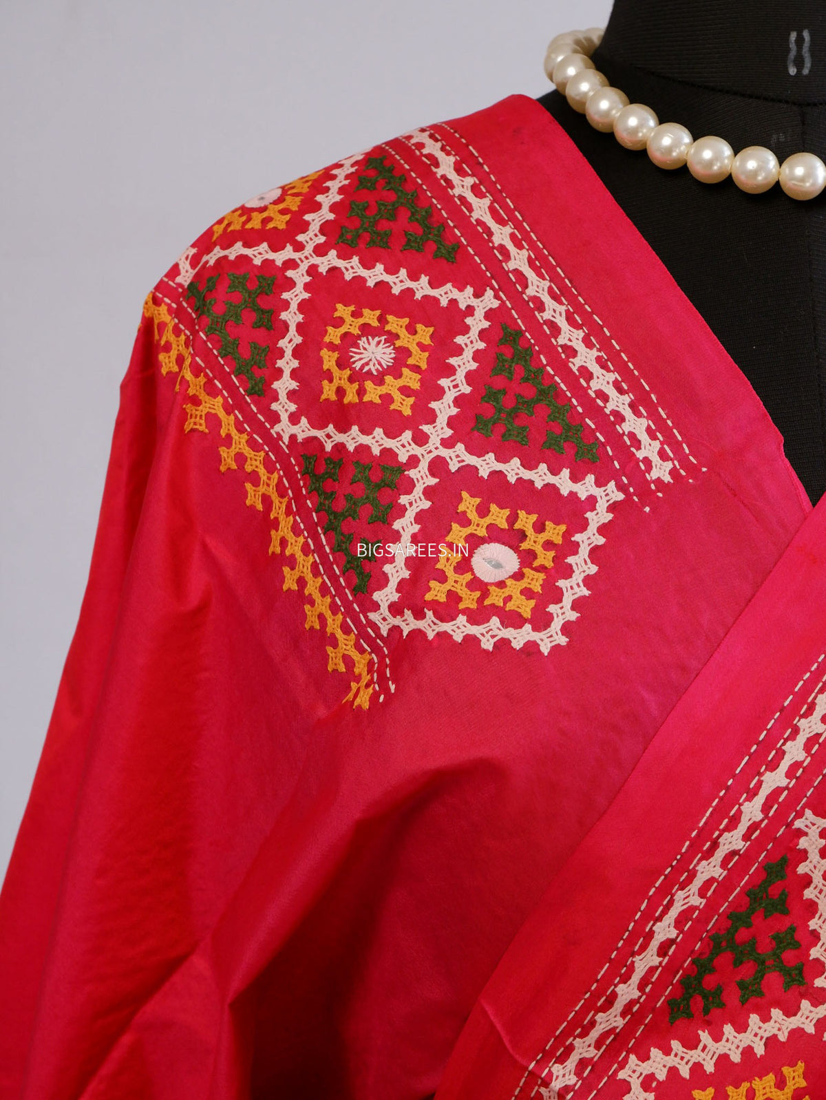 Kutch Hand Embroidered Saree| Pure Bangalore Silk | Silk Marked | Dark Carrot Pink