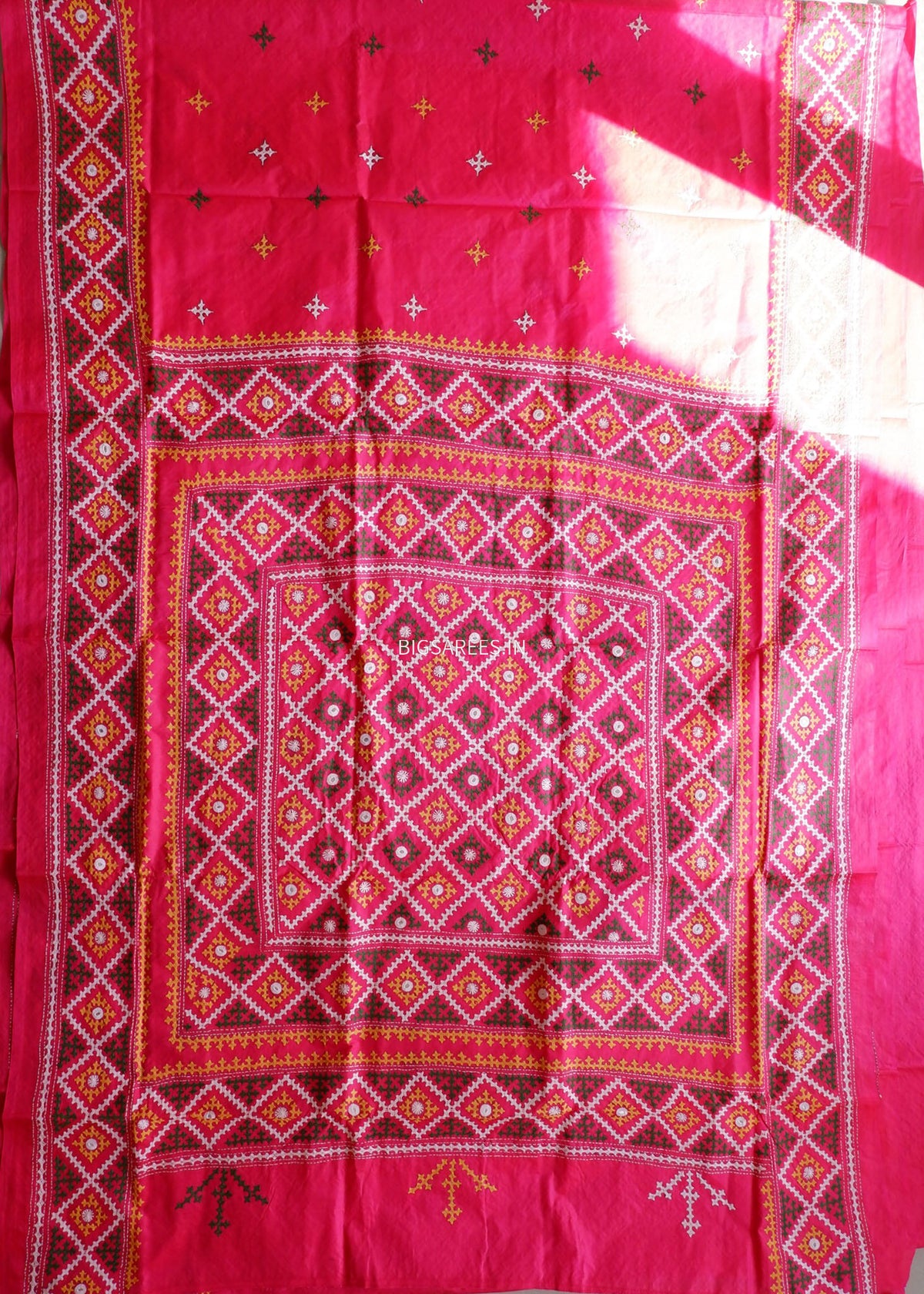 Kutch Hand Embroidered Saree| Pure Bangalore Silk | Silk Marked | Dark Carrot Pink