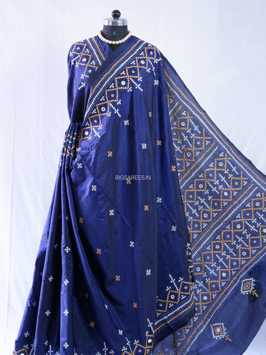 Kutchi/Gujarati Stitch Hand Embroidered Saree | Art Silk | Real Mirror Work | Navy Blue