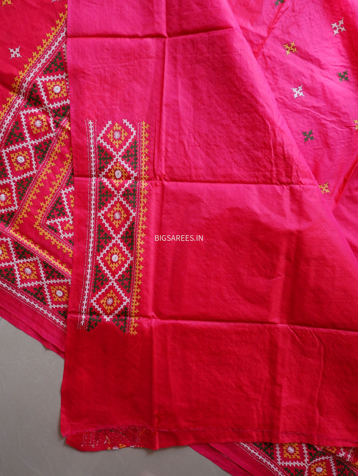 Kutch Hand Embroidered Saree| Pure Bangalore Silk | Silk Marked | Dark Carrot Pink